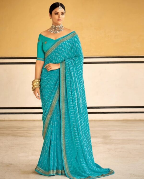 Striped, Embellished Bandhani Georgette Saree (Light Blue, White)