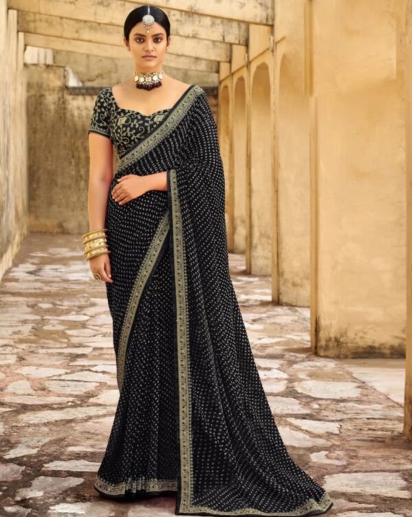 Striped, Embellished Bandhani Georgette Saree (Gold, Black)