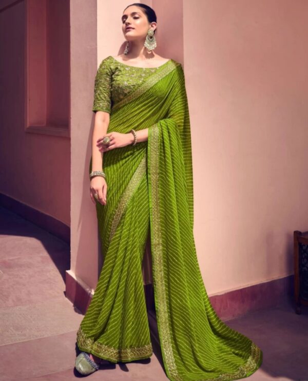 Striped, Embellished Bandhani Georgette Saree